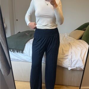 High-Waist Smocked Wide-Leg Pants - blue